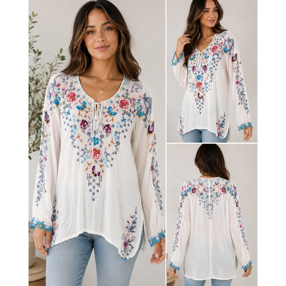 Johnny Was Tunic Top Floral Butterfly Embroidered Cupra Rayon Boho White Small